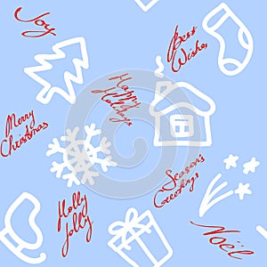 Christmas seamless pattern with hand drawn holiday symbols and handwritten greetings