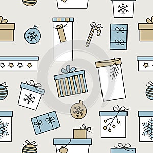 Christmas seamless pattern with hand drawn various decorated gift boxes in white blue and beige on light background. Retro vintage