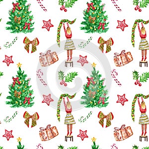 Christmas seamless pattern with hand painted red and green symbols of winter holidays. Christmas tree, girl in sweater, candy cane