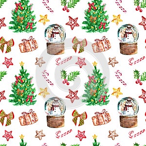 Christmas seamless pattern with hand painted red and green symbols of winter holidays.Christmas tree, snowman, candy cane