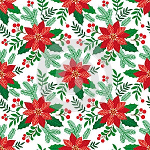 Christmas seamless pattern with holly leaves and poinsettia, Christmas tree branches, red berries and flower on white