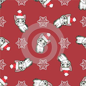 Christmas seamless pattern with the image of little cute kittens in the hat of Santa Claus.