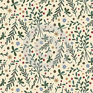 Christmas seamless pattern with leaves and stars