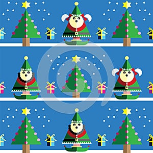 Christmas Seamless pattern with male and female elf with gifts with ribbon, snow, Xmas trees with pink, blue, orange lights an