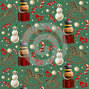 Christmas seamless pattern with nutcracker, rocking horse, snowman, candy cane, berry. Design for wallpaper, prints