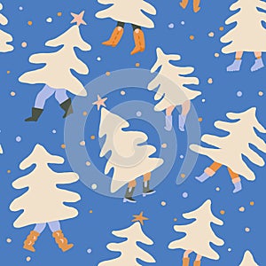 Christmas seamless pattern with people buying and carrying christmas trees.