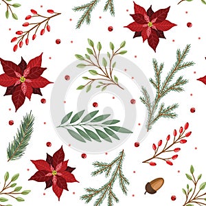 Christmas seamless pattern. Pine twigs, red berries, christmas tree. Winter Xmas holidays.