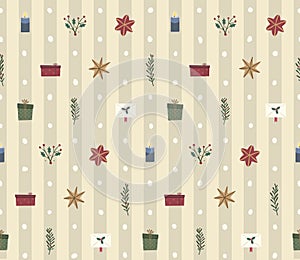 Christmas seamless pattern with plants and gifts