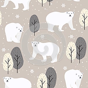 Christmas seamless pattern with polar bear background, Winter pattern with deer and fox, wrapping paper, winter greetings, web