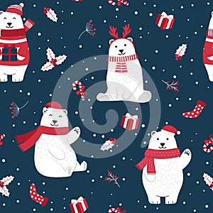 Christmas seamless pattern with polar bear background, Winter pattern with holly berry, wrapping paper, pattern fills