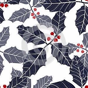 Christmas seamless pattern in red and blue with holly leaves and berries