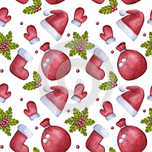 Christmas seamless pattern, red mitten bag hat sock. Holly red berries. Santa Claus clothes. Happy New Year! Hand drawn