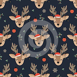 Christmas seamless pattern with reindeer background, Winter pattern with deer and decoration lights, wrapping paper