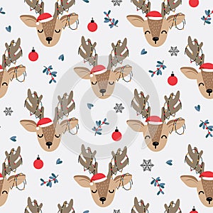 Christmas seamless pattern with reindeer background, Winter pattern with deer and decoration lights, wrapping paper, winter