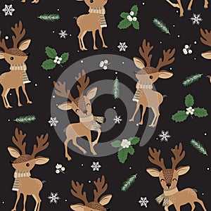 Christmas seamless pattern with reindeer background, Winter pattern with deer, wrapping paper, pattern fills, winter greetings,