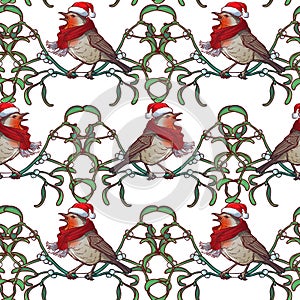 Christmas seamless pattern. Robin bird in a red christmas hat and skarf. Mistletoe twigs decorative frame.