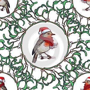 Christmas seamless pattern. Robin bird in a red christmas hat and skarf. Mistletoe twigs decorative frame.