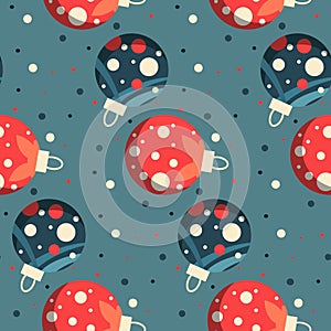 Christmas seamless pattern with round Christmas tree toys. Bright round colored blue and red on a blue background with