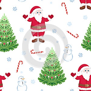 Christmas seamless pattern. Santa Claus, Christmas trees, snowflakes and snowmen isolated on white background.