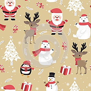 Christmas seamless pattern with santa and reindeer background, Winter pattern with polar bear, wrapping paper, winter greetings,