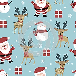 Christmas seamless pattern with santa and reindeer background, Winter pattern with snowflakes, wrapping paper, winter greetings,