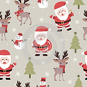 Christmas seamless pattern with santa and reindeer background, Winter pattern with snowflakes, wrapping paper, winter greetings,