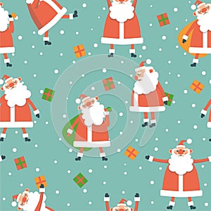 Christmas seamless pattern with Santa, snow and boxes of presents. Vector illustration.