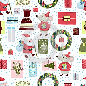 Christmas seamless pattern with Santa, wreath, mouse, snow, gift box on white