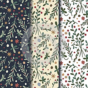 Christmas seamless pattern set with leaves and stars on a white background