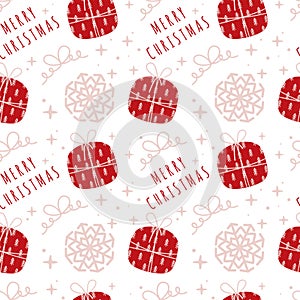 Christmas seamless pattern with snowflake, gift box and Merry Christmas inscription. Winter holidays vector pattern