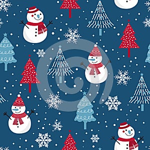 Christmas seamless pattern with snowman background, Winter pattern with snowflakes, wrapping paper, winter greetings, web page