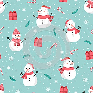 Christmas seamless pattern with snowman background, Winter pattern with snowflakes, wrapping paper, winter greetings, web page