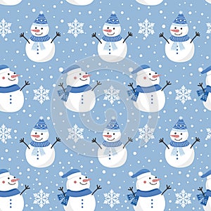 Christmas seamless pattern with snowman on cool background, Winter pattern with snowflakes, wrapping paper, pattern fills