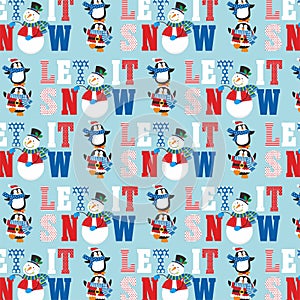 Christmas seamless pattern with snowman, penguins and let it snow