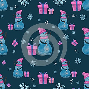 Christmas seamless pattern with snowman presents and snowflakes marker illustration. For printing on paper, fabrics