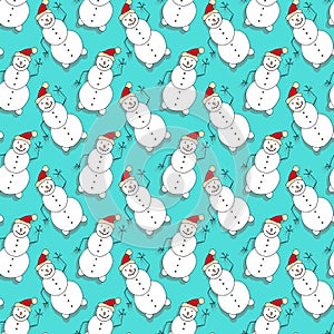 Christmas seamless pattern with snowman on turquoise backdrop. New Year design for wallpaper, textile and wrapping paper