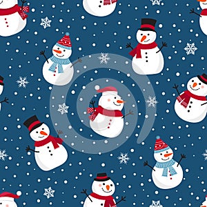 Christmas seamless pattern with snowman, Winter pattern with snowflakes, wrapping paper, pattern fills, winter greetings