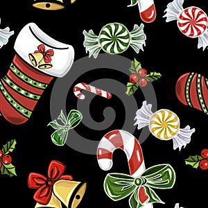 Christmas seamless pattern of stocking, cane and candy, holly, bells and bow Digital illustration for design, decorating