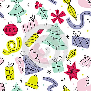 Christmas seamless pattern with stylish hand drawn elements like Christmas tree, angel, gift, candle and Christmas ball