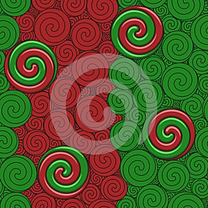 Christmas seamless pattern with swirls and candies. Vector background.