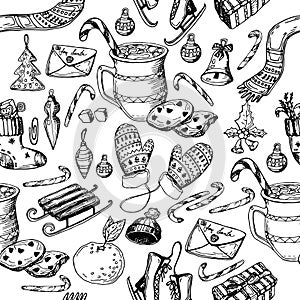 Christmas seamless pattern, texture, hand drawing sketch illustration. Vector Collection of sketch object for new year and Christm photo