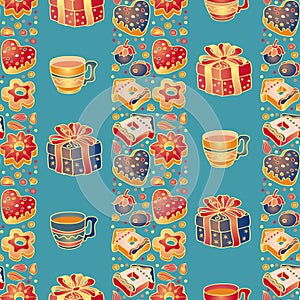 Christmas seamless pattern with toys. Gift, cookies, cup. Vector.