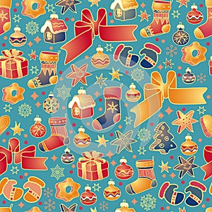 Christmas seamless pattern with toys. Gift, mittens, Christmas Stocking. Vector.