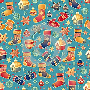Christmas seamless pattern with toys. Socks, mittens, cup, toyhouse. Vector.