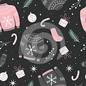 Christmas seamless pattern with ugly sweater. Woolen winter clothes and traditional festive elements and decoration. Flat vector