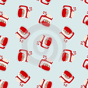 Christmas seamless pattern of vector Santa Claus coffee or chocolate cup in red holiday protection mask from virus, hat,