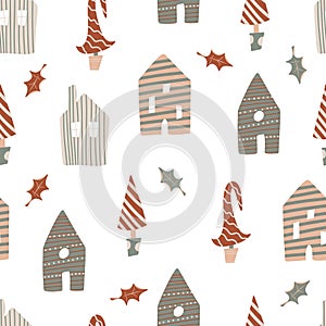 Christmas seamless pattern of vector winter cozy home objects in scandinavian style