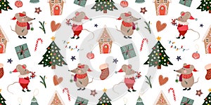 Christmas seamless pattern, wallpaper, background with little mouse and Christmas tree