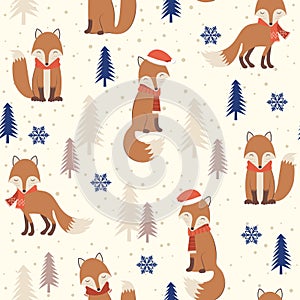 Christmas seamless pattern with warm fox background, Winter pattern, wrapping paper, winter greetings, web page background,