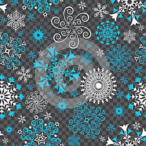 Christmas seamless pattern with white and blue snowflakes